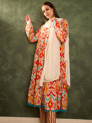 Women Red & Beige Ikat Tiered Anarkali Kurta Set with Dupatta-SHSET96479