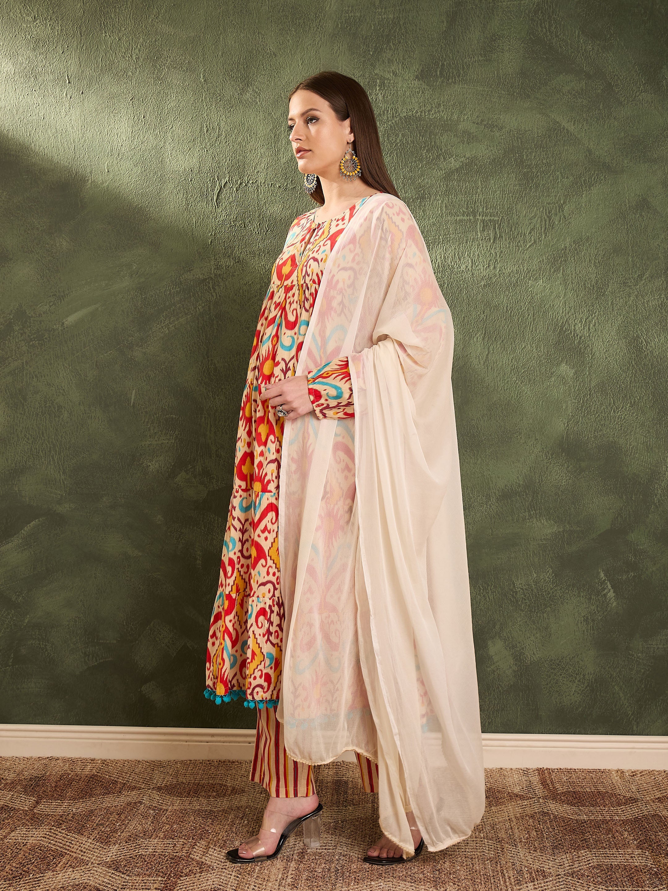 Women Red & Beige Ikat Tiered Anarkali Kurta Set with Dupatta-SHSET96479