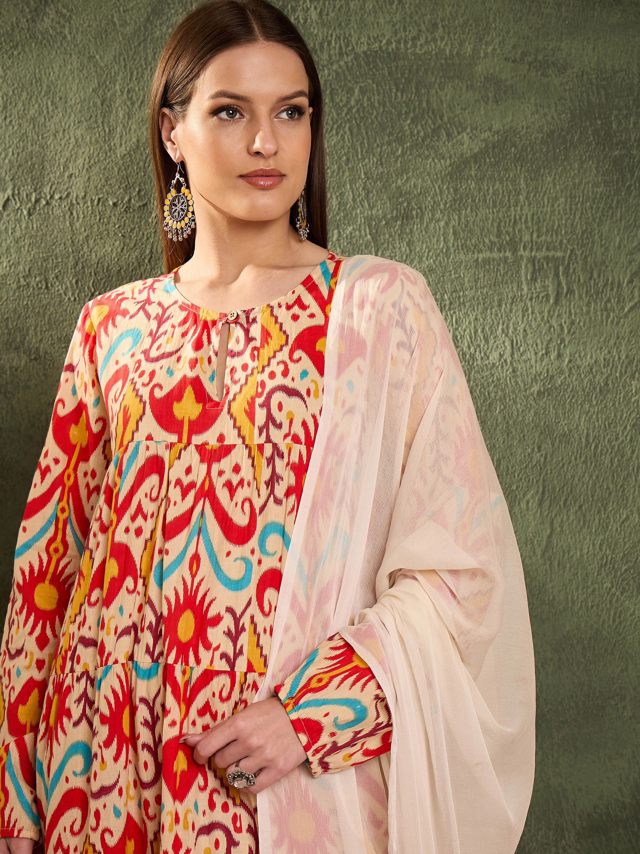 Women Red & Beige Ikat Tiered Anarkali Kurta Set with Dupatta-SHSET96479