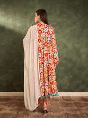 Women Red & Beige Ikat Tiered Anarkali Kurta Set with Dupatta-SHSET96479