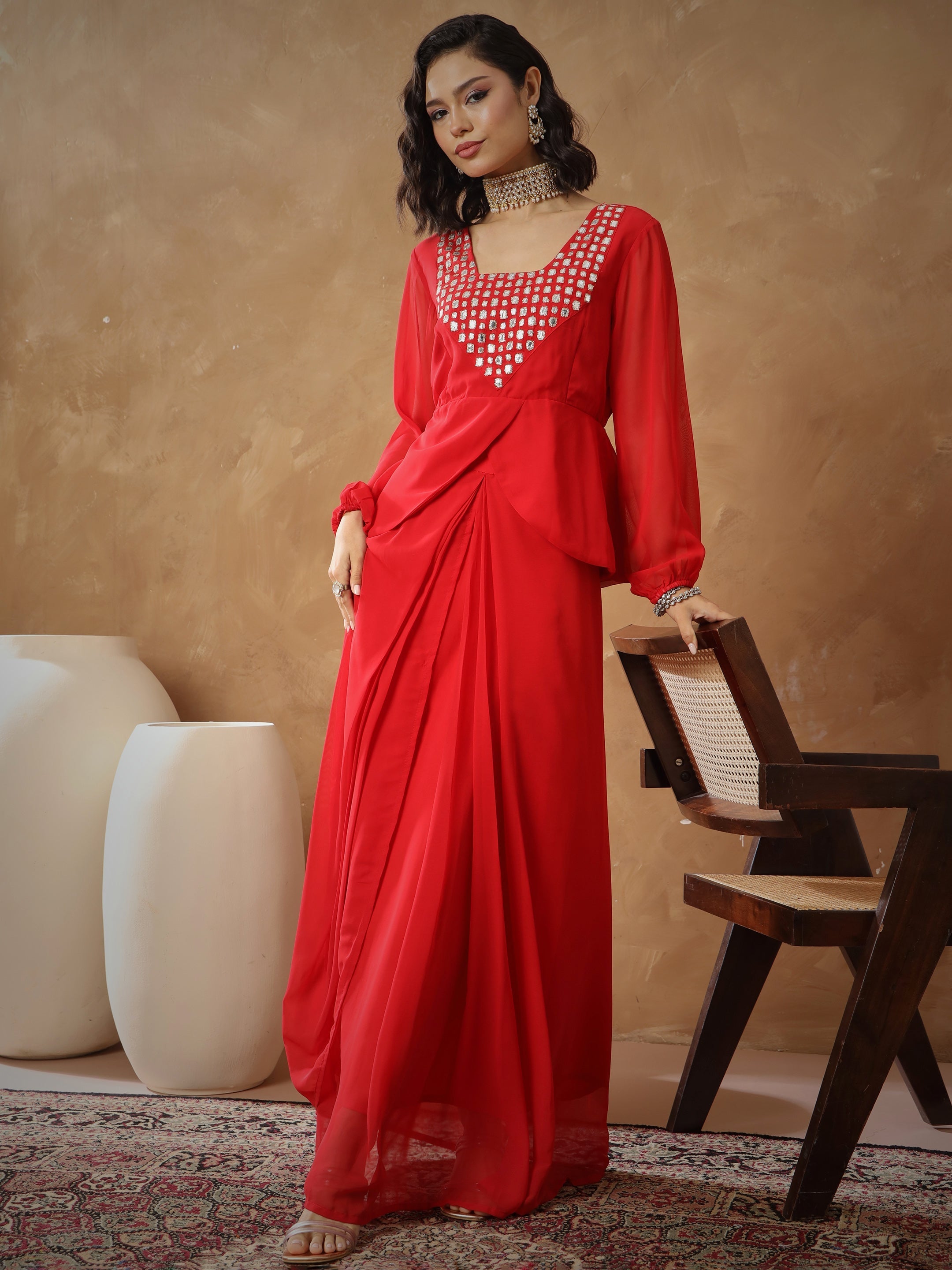 Women Red Embroidered Square Neck Top With Drape Skirt-SHSET96529