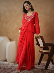 Women Red Embroidered Square Neck Top With Drape Skirt-SHSET96529
