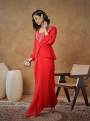 Women Red Embroidered Square Neck Top With Drape Skirt-SHSET96529
