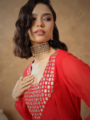 Women Red Embroidered Square Neck Top With Drape Skirt-SHSET96529