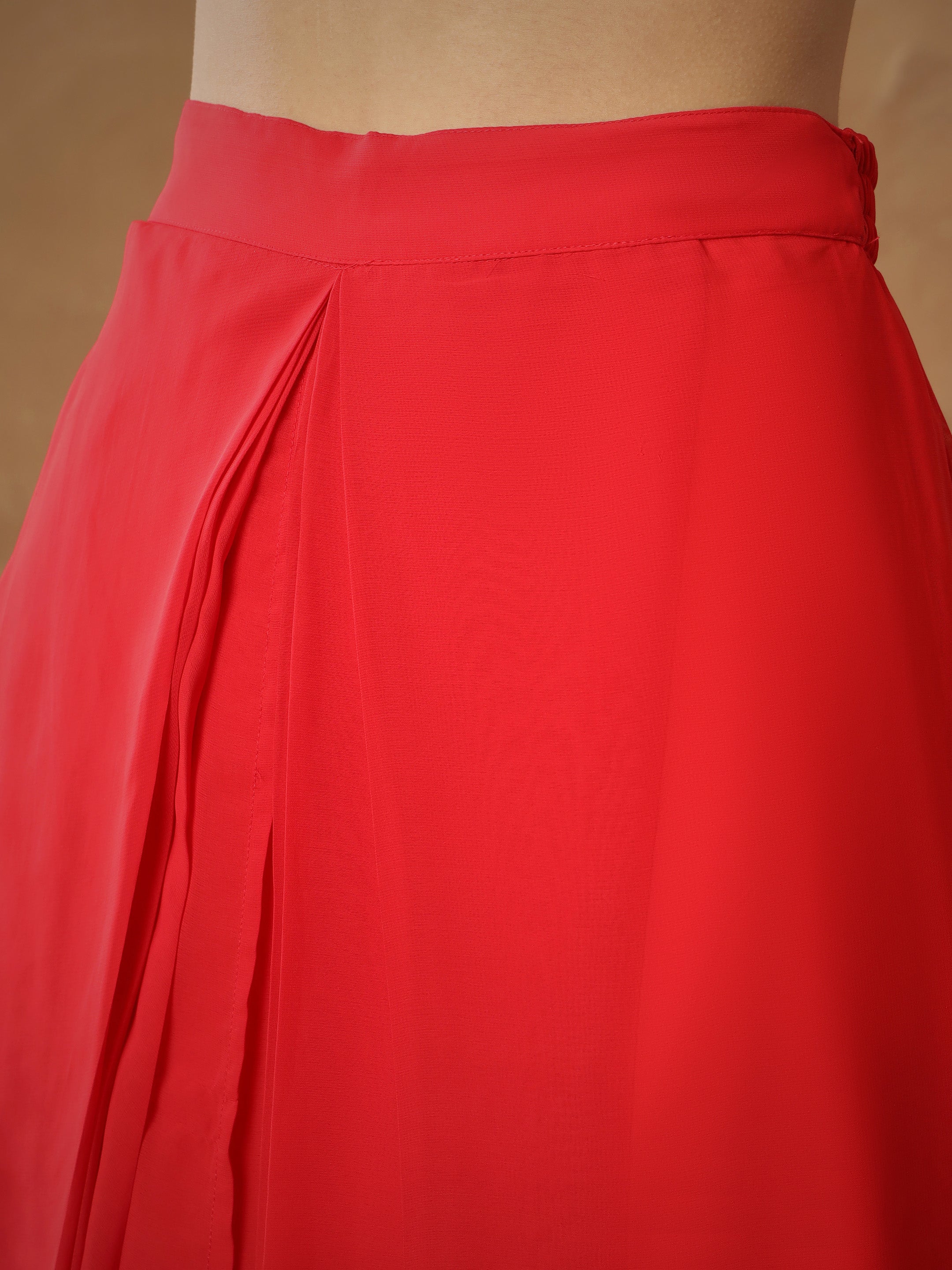 Women Red Embroidered Square Neck Top With Drape Skirt-SHSET96529