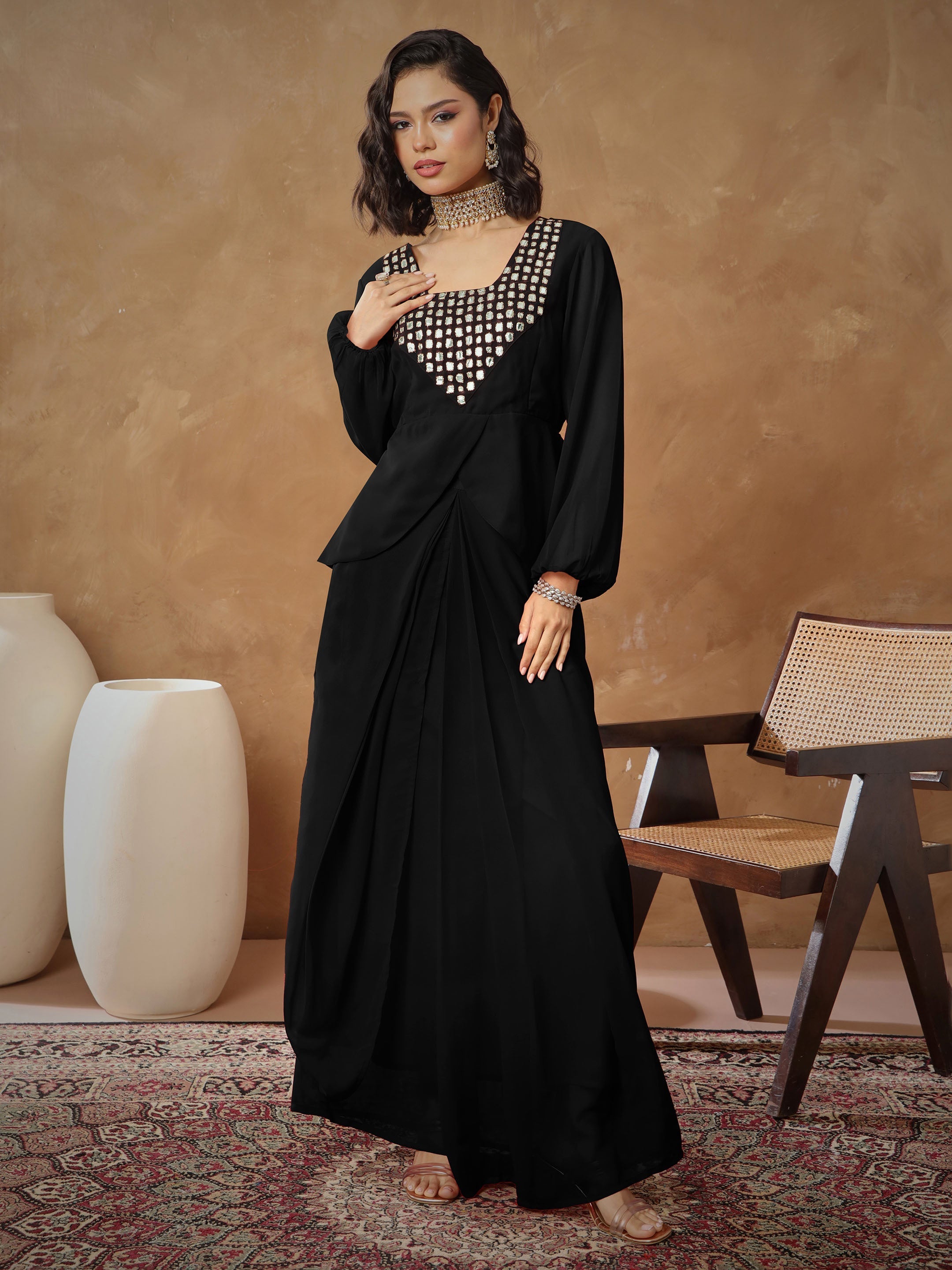 Women Black Embroidered Square Neck Top With Drape Skirt-SHSET96530