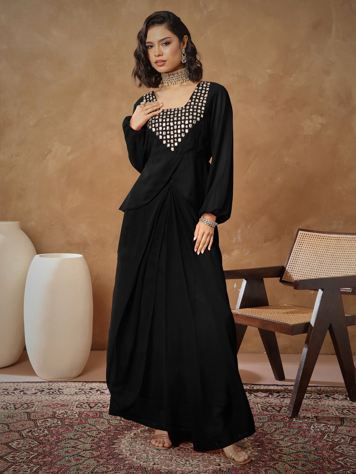 Women Black Embroidered Square Neck Top With Drape Skirt-SHSET96530