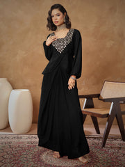 Women Black Embroidered Square Neck Top With Drape Skirt-SHSET96530