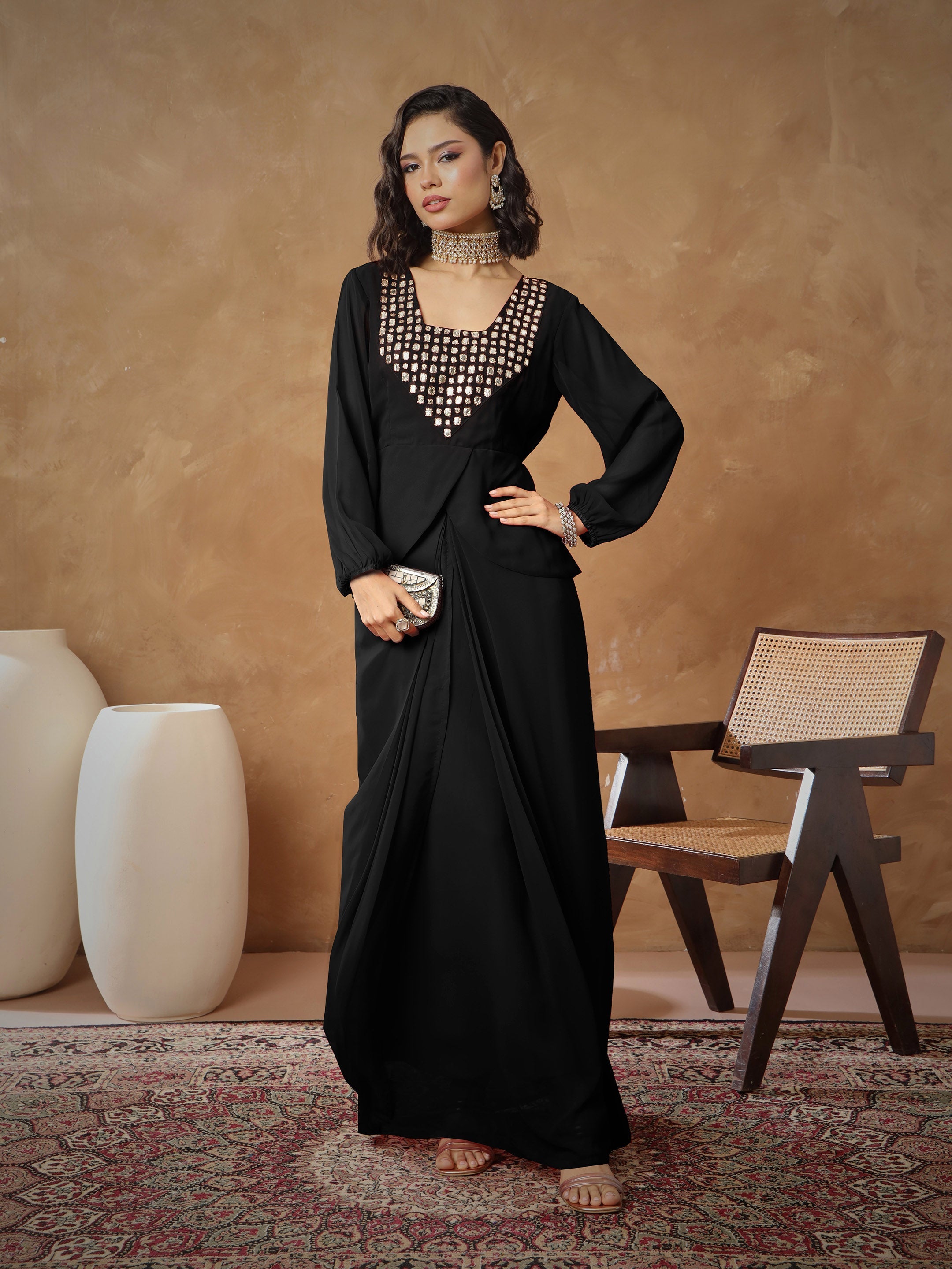 Women Black Embroidered Square Neck Top With Drape Skirt-SHSET96530