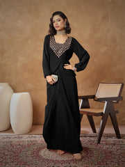 Women Black Embroidered Square Neck Top With Drape Skirt-SHSET96530