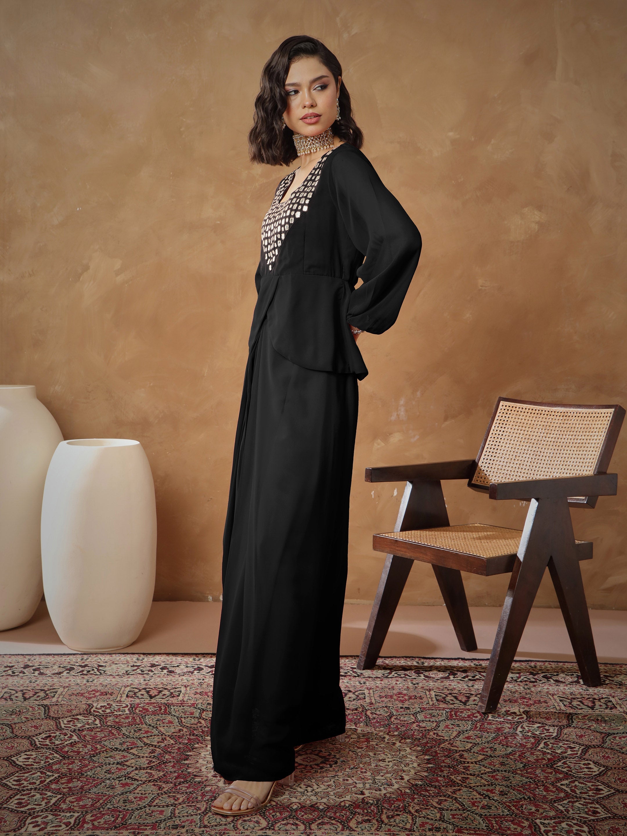 Women Black Embroidered Square Neck Top With Drape Skirt-SHSET96530