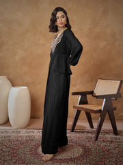 Women Black Embroidered Square Neck Top With Drape Skirt-SHSET96530