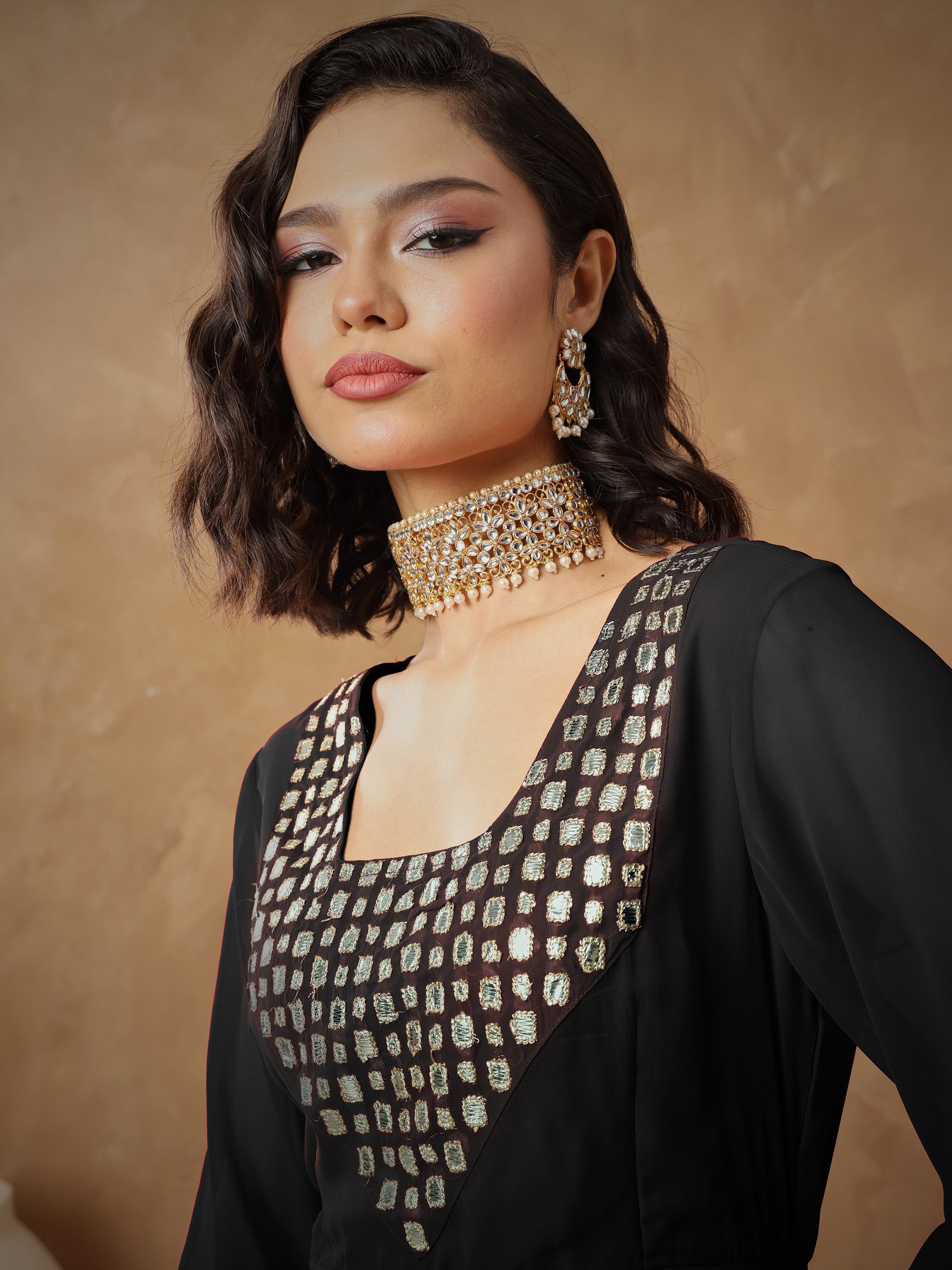 Women Black Embroidered Square Neck Top With Drape Skirt-SHSET96530