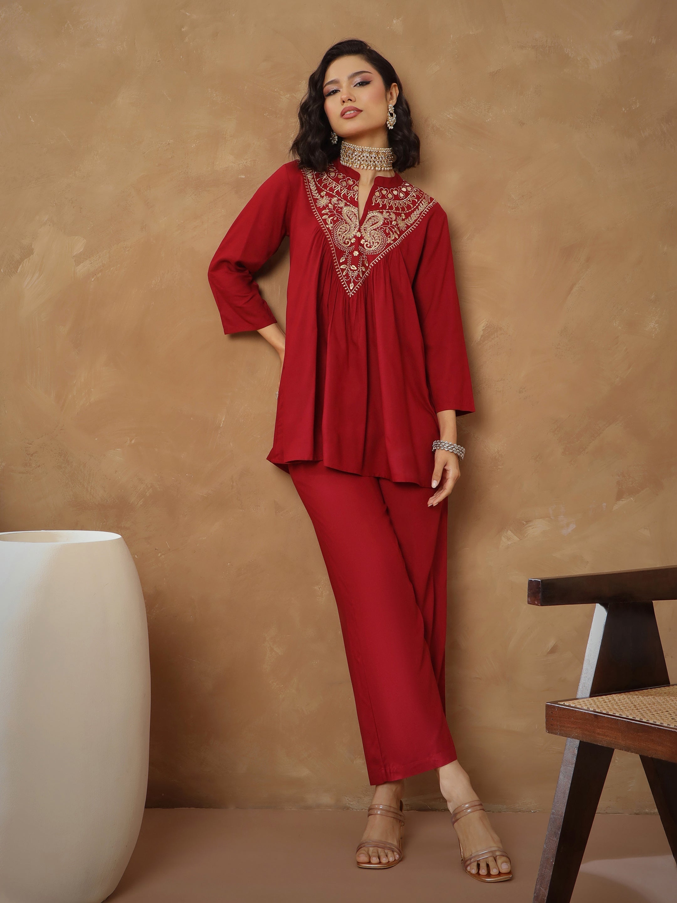 Women Maroon Embroidered Peplum Top With Pants-SHSET96531