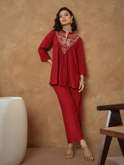 Women Maroon Embroidered Peplum Top With Pants-SHSET96531