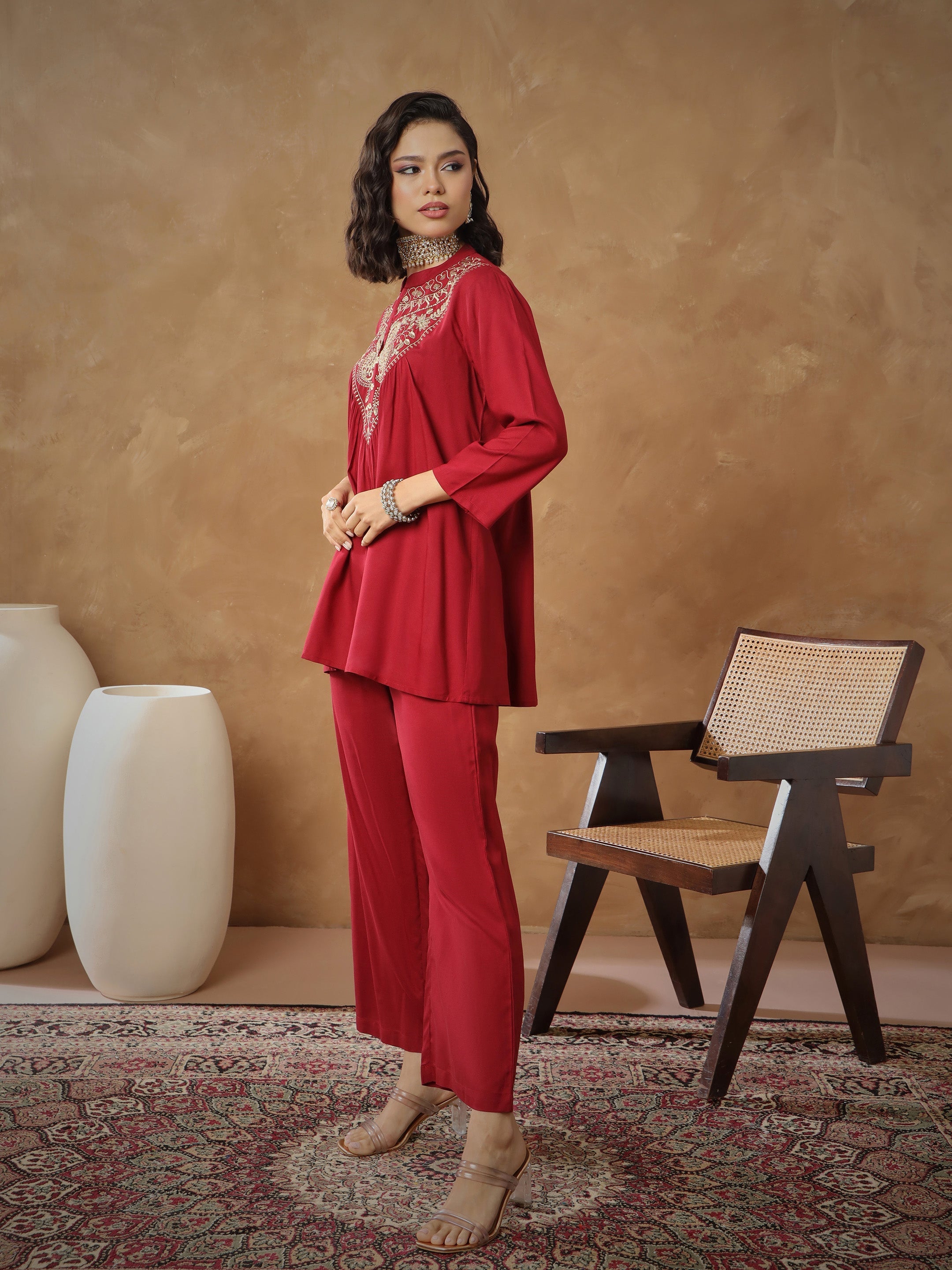 Women Maroon Embroidered Peplum Top With Pants-SHSET96531