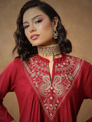 Women Maroon Embroidered Peplum Top With Pants-SHSET96531
