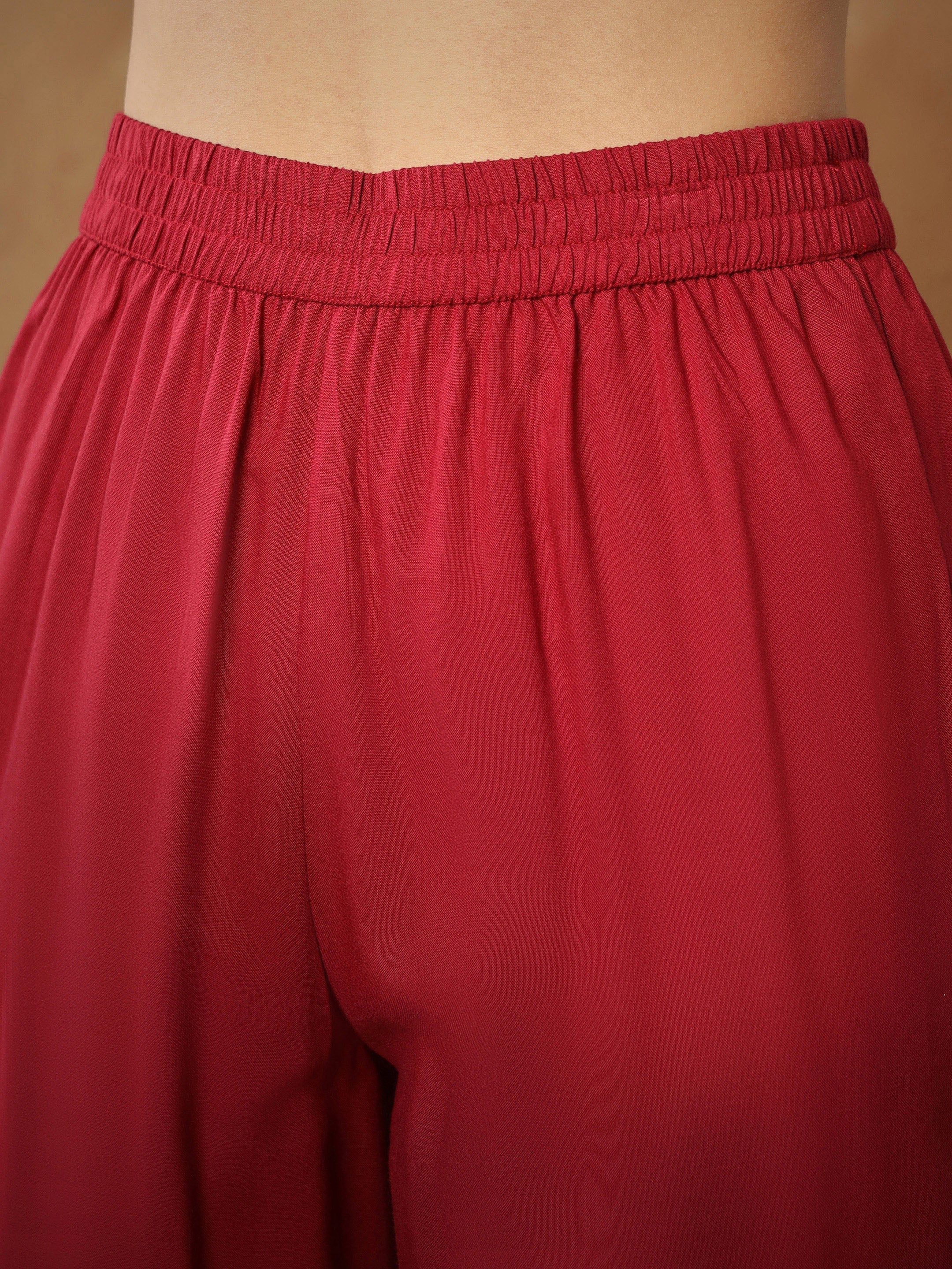 Women Maroon Embroidered Peplum Top With Pants-SHSET96531