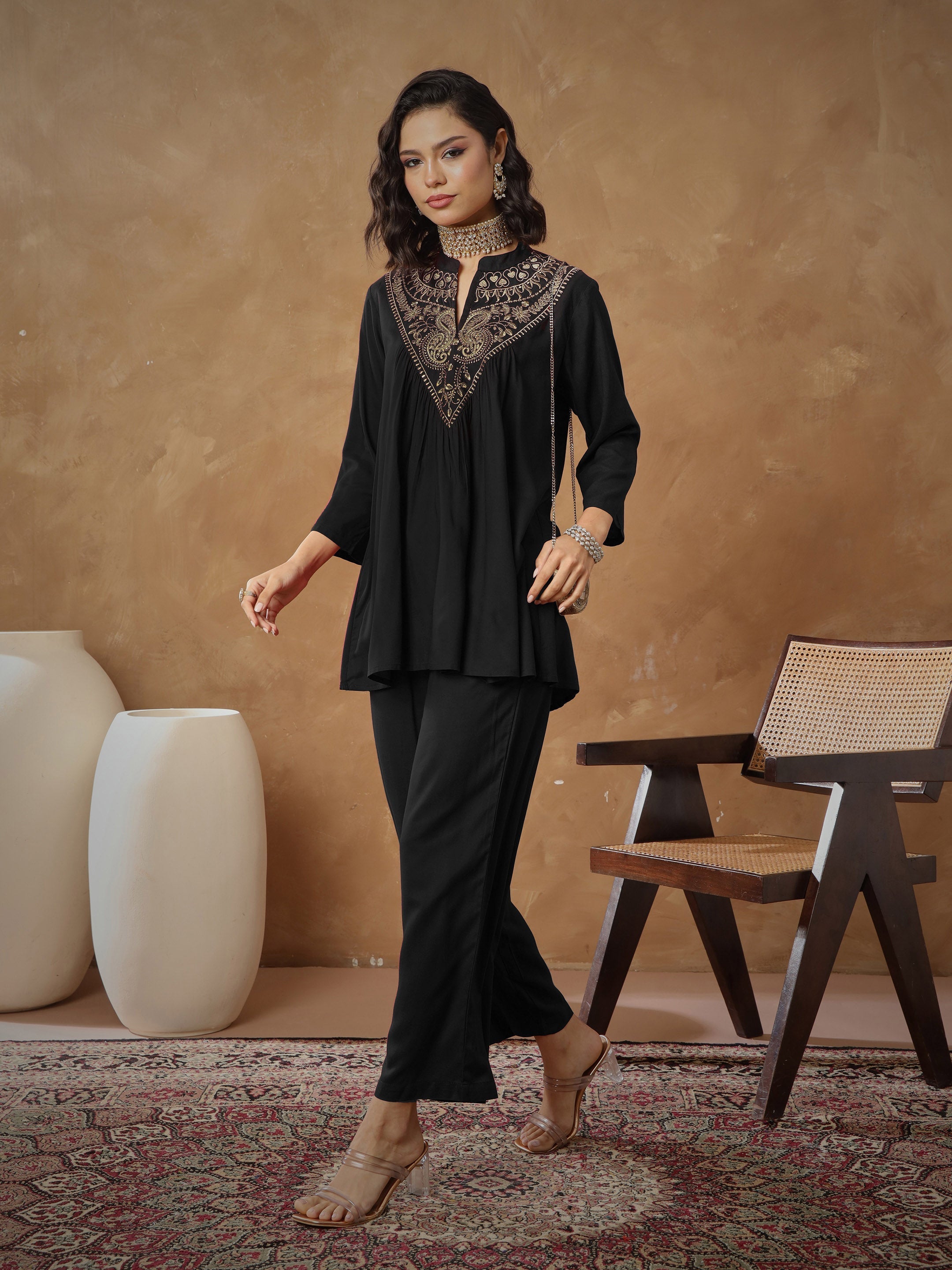 Women Black Embroidered Peplum Top With Pants-SHSET96532