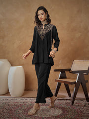 Women Black Embroidered Peplum Top With Pants-SHSET96532