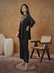 Women Black Embroidered Peplum Top With Pants-SHSET96532