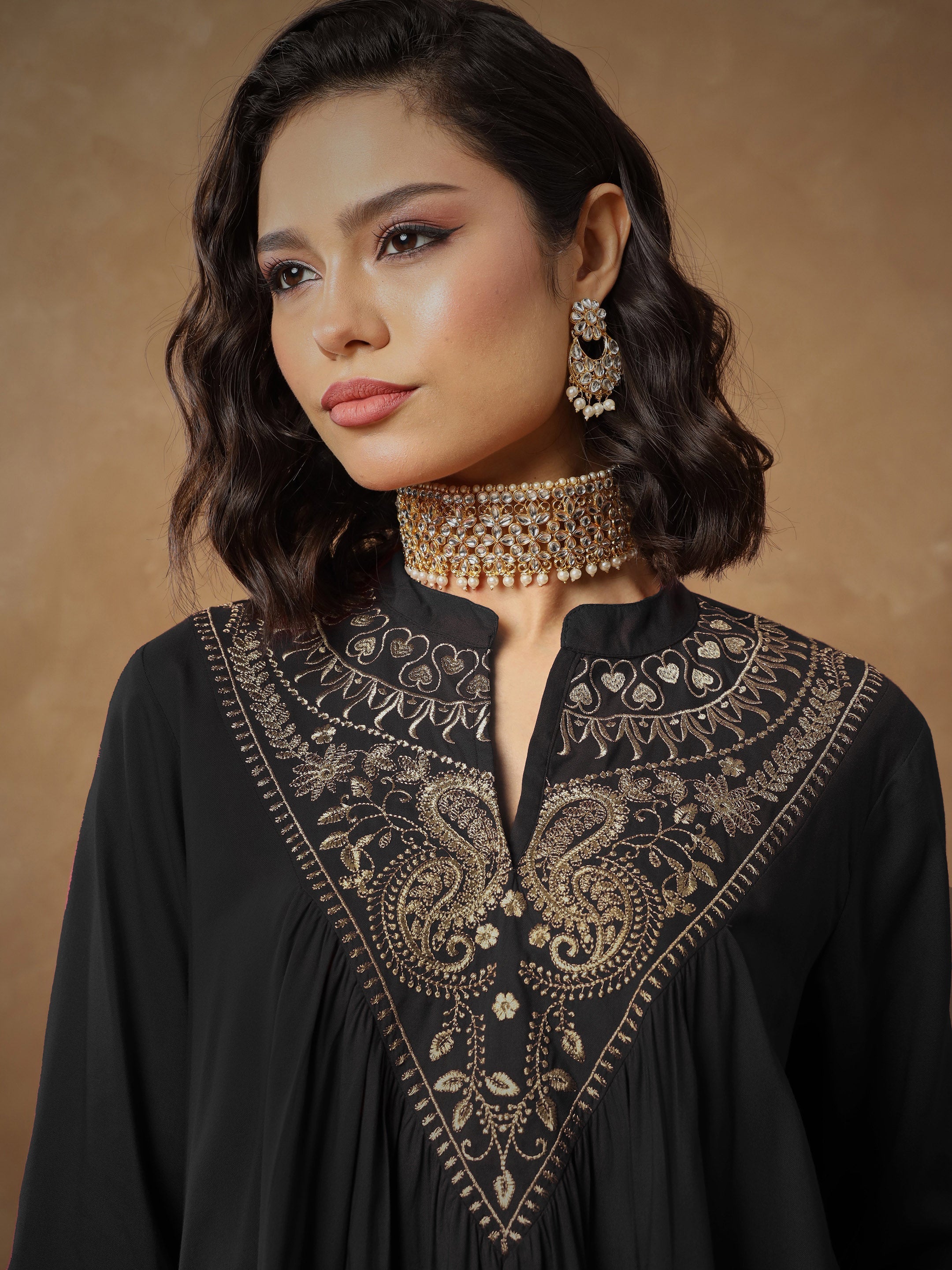 Women Black Embroidered Peplum Top With Pants-SHSET96532