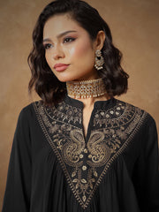 Women Black Embroidered Peplum Top With Pants-SHSET96532