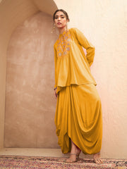 Women Mustard Embroidered Peplum Top With Dhoti Skirt-SHSET96533