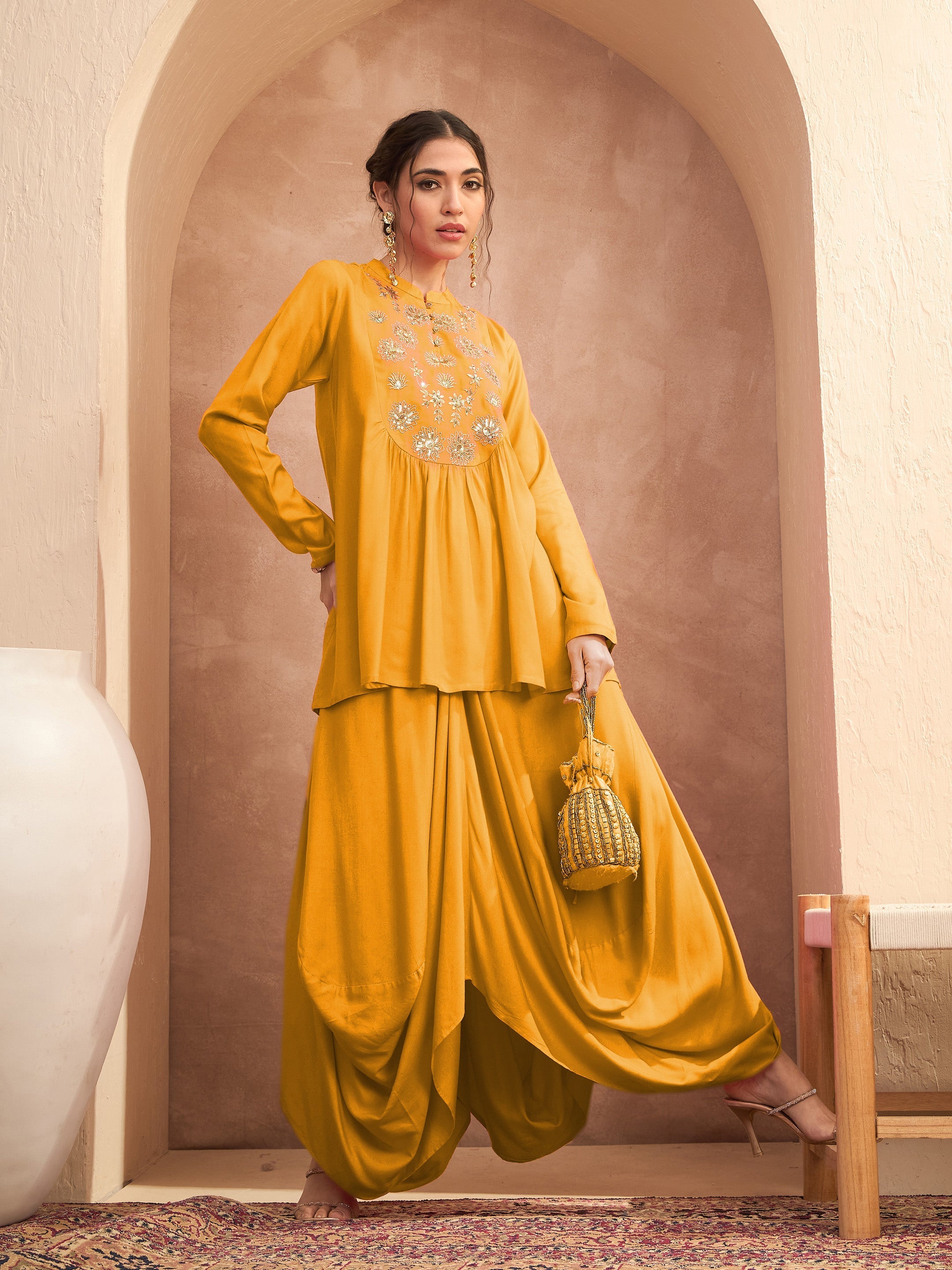Women Mustard Embroidered Peplum Top With Dhoti Skirt-SHSET96533