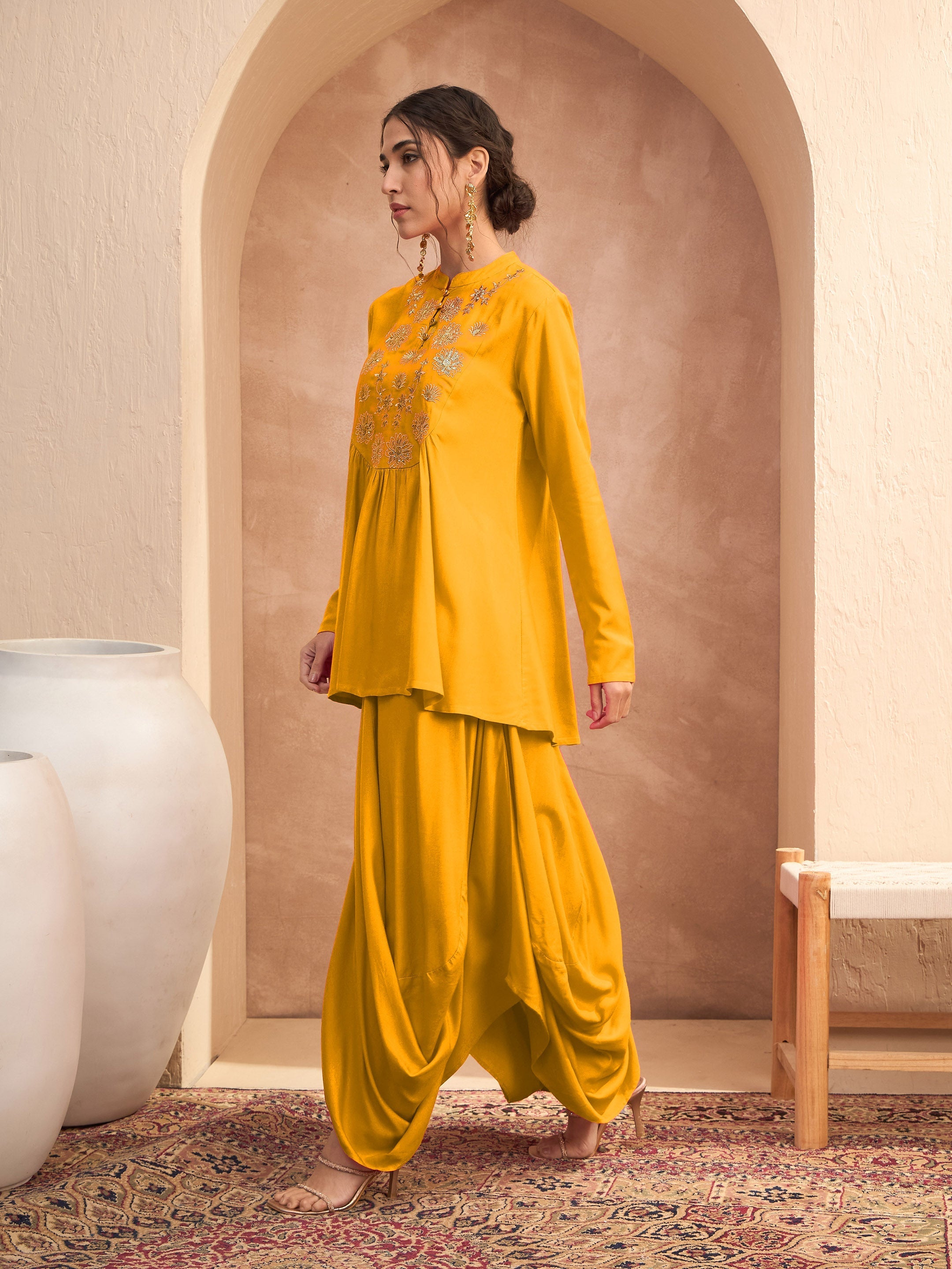 Women Mustard Embroidered Peplum Top With Dhoti Skirt-SHSET96533