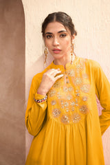 Women Mustard Embroidered Peplum Top With Dhoti Skirt-SHSET96533
