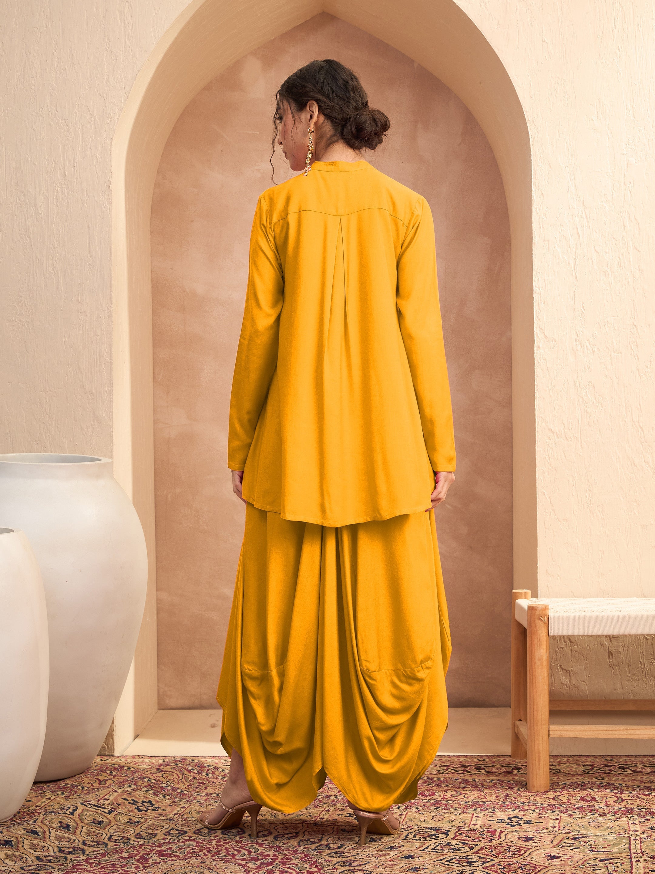 Women Mustard Embroidered Peplum Top With Dhoti Skirt-SHSET96533