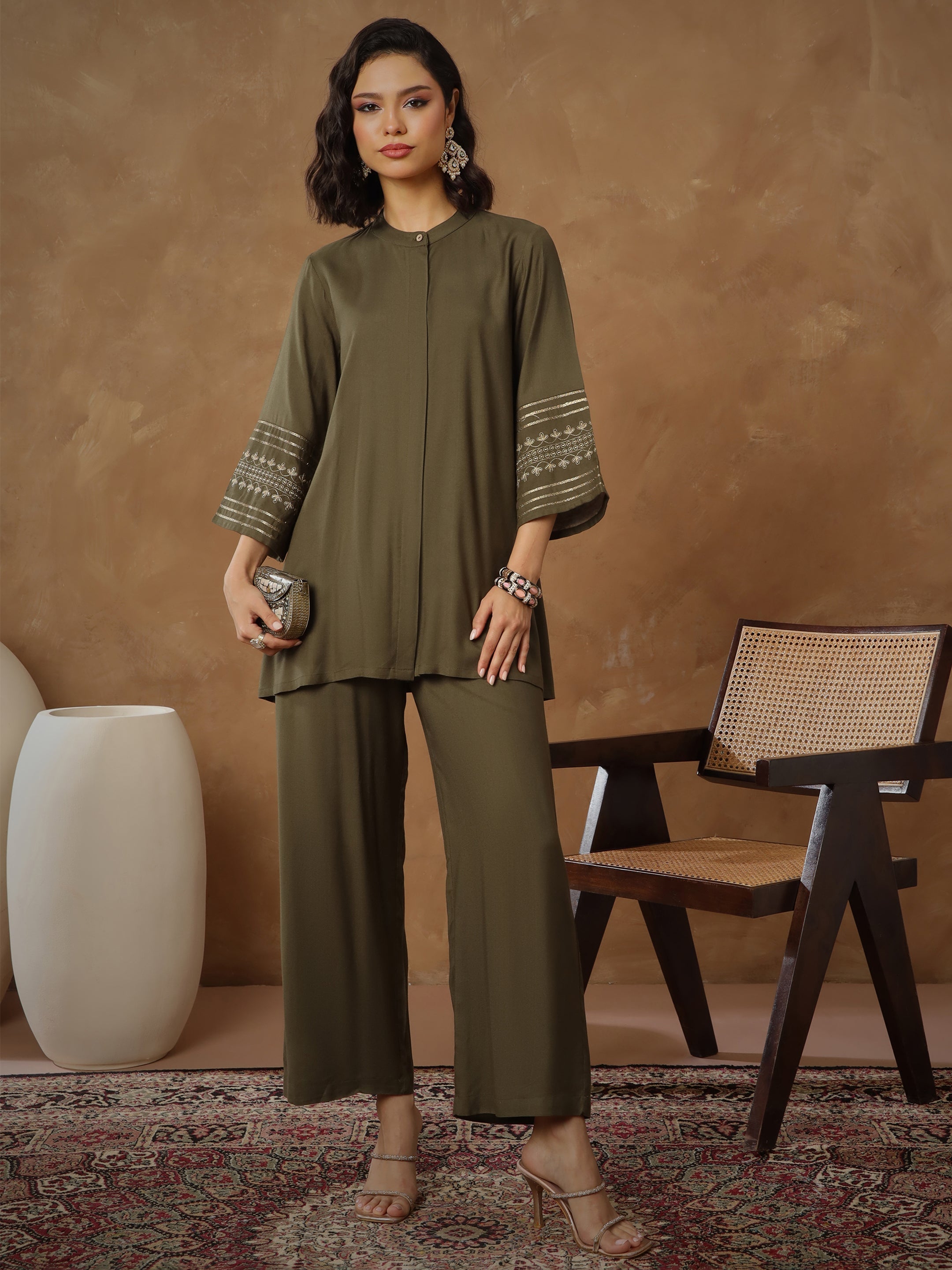 Women Olive Zari Embroidered Sleeves Top With Pants-SHSET96534