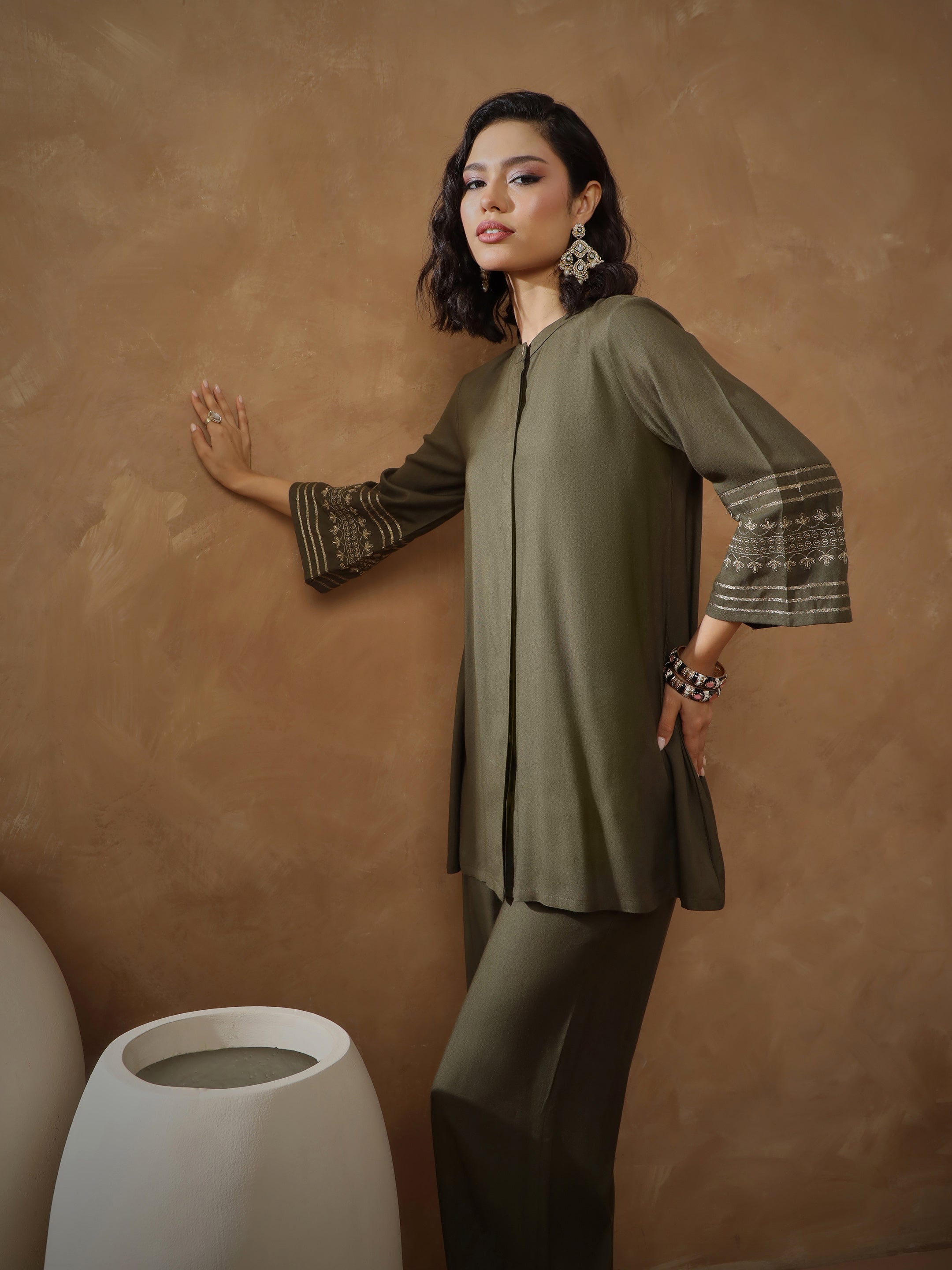 Women Olive Zari Embroidered Sleeves Top With Pants-SHSET96534