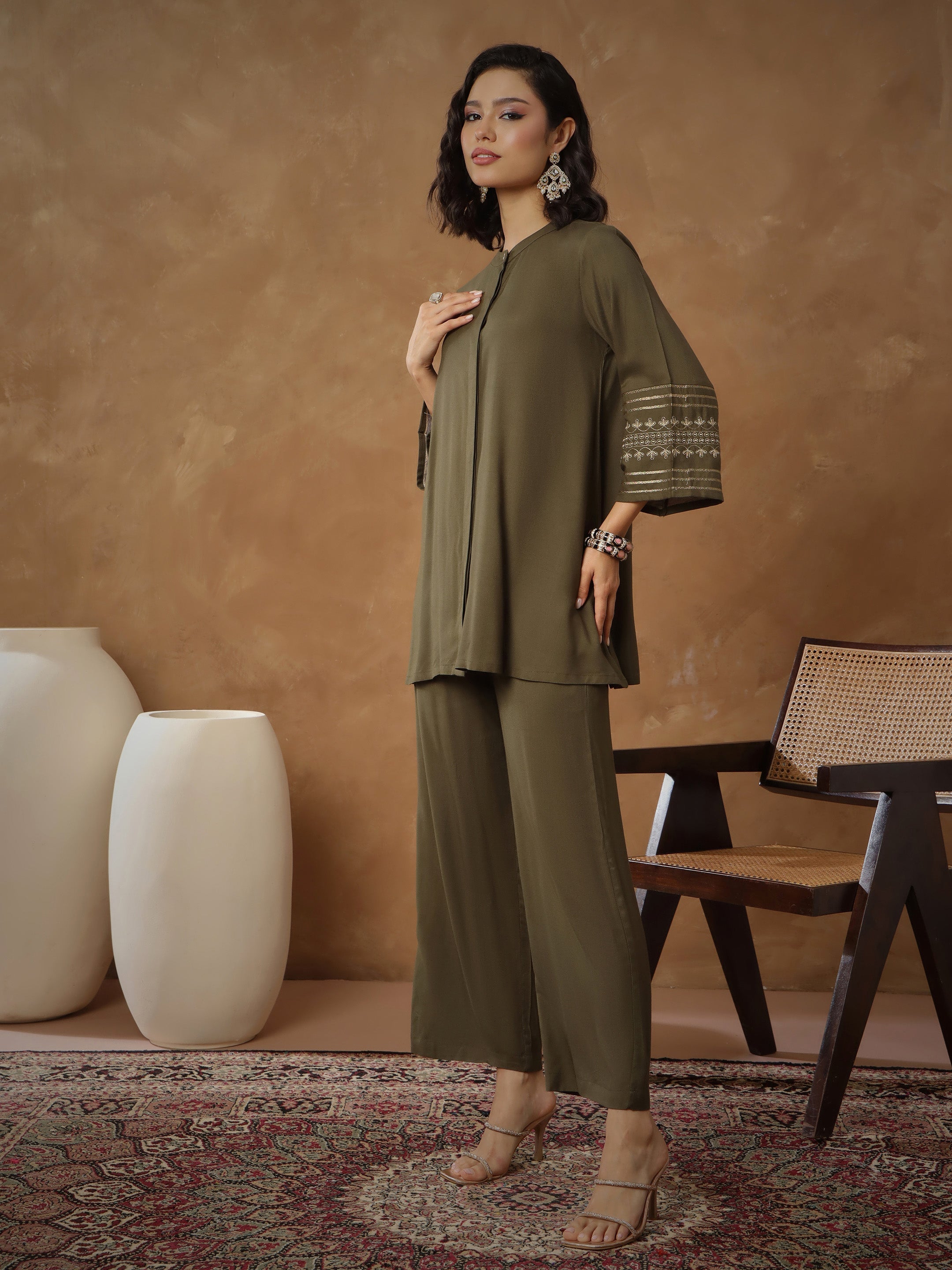 Women Olive Zari Embroidered Sleeves Top With Pants-SHSET96534