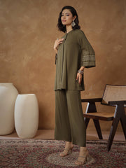 Women Olive Zari Embroidered Sleeves Top With Pants-SHSET96534