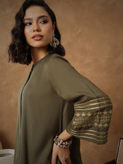 Women Olive Zari Embroidered Sleeves Top With Pants-SHSET96534