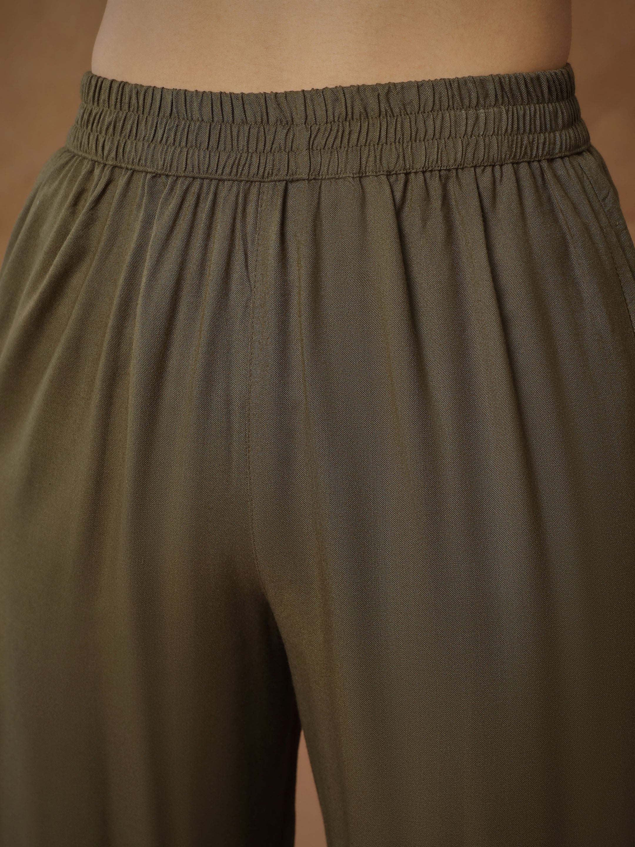 Women Olive Zari Embroidered Sleeves Top With Pants-SHSET96534