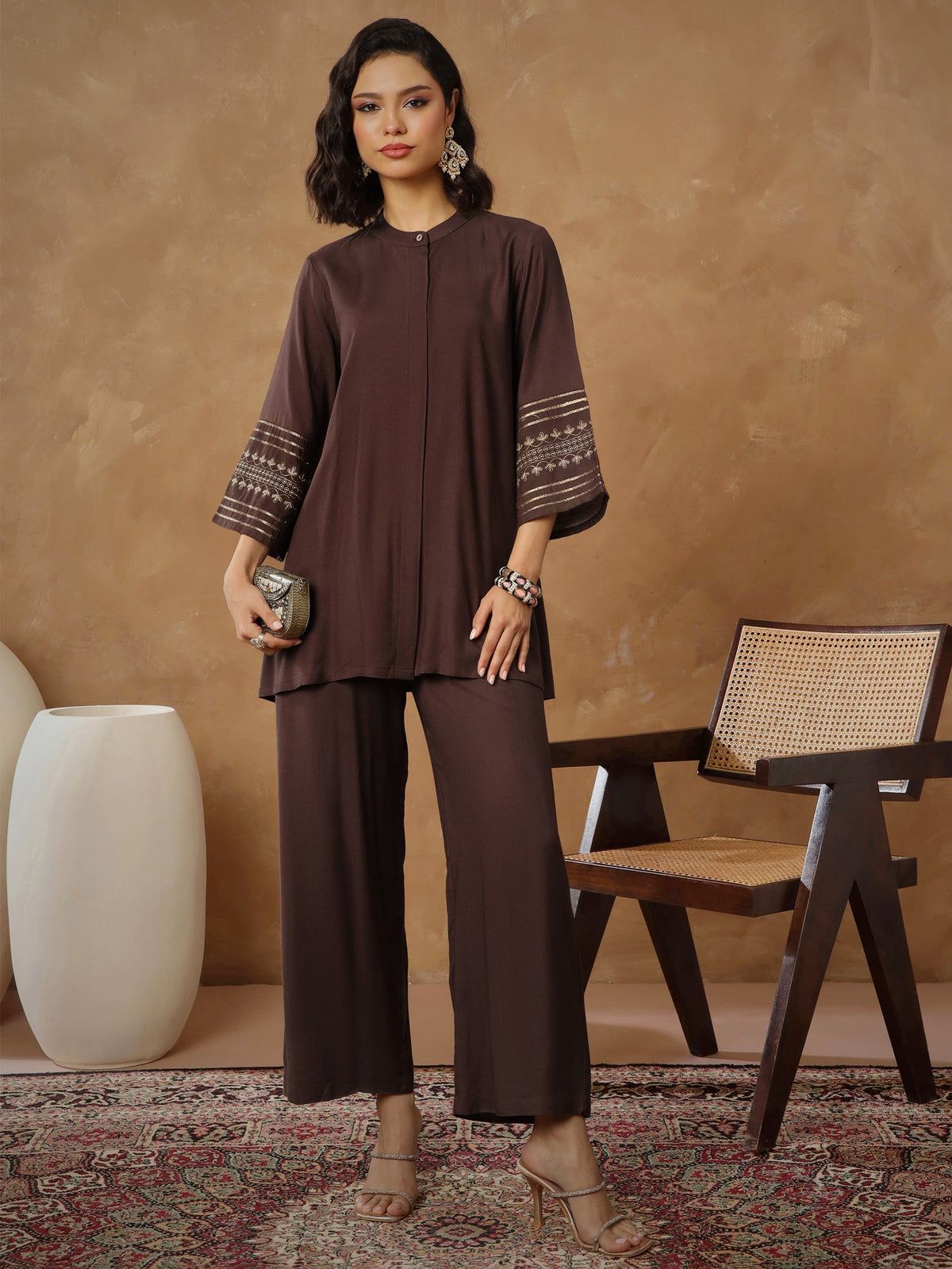 Women Brown Zari Embroidered Sleeve Top With Pants-SHSET96535