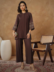 Women Brown Zari Embroidered Sleeve Top With Pants-SHSET96535