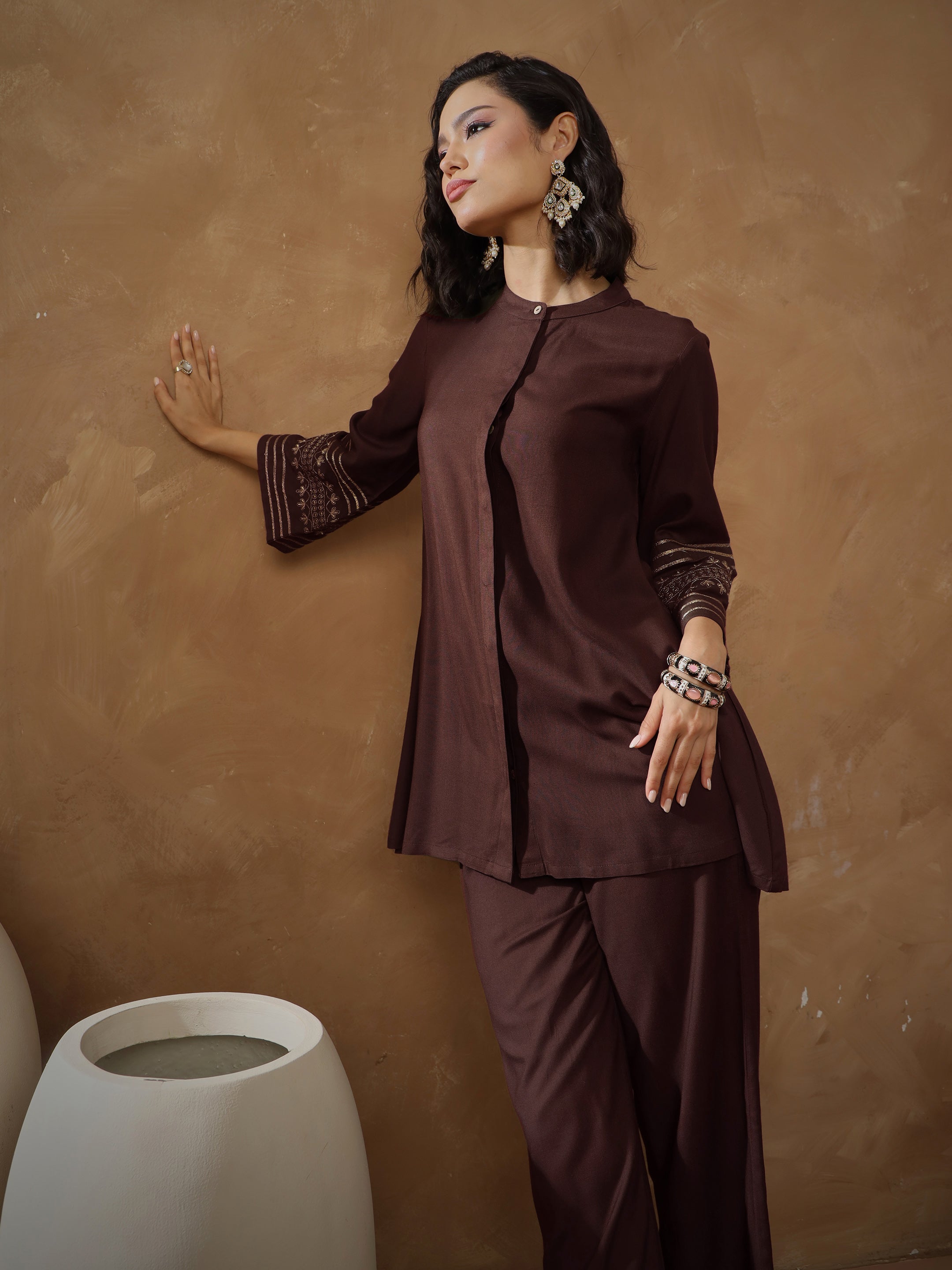 Women Brown Zari Embroidered Sleeve Top With Pants-SHSET96535