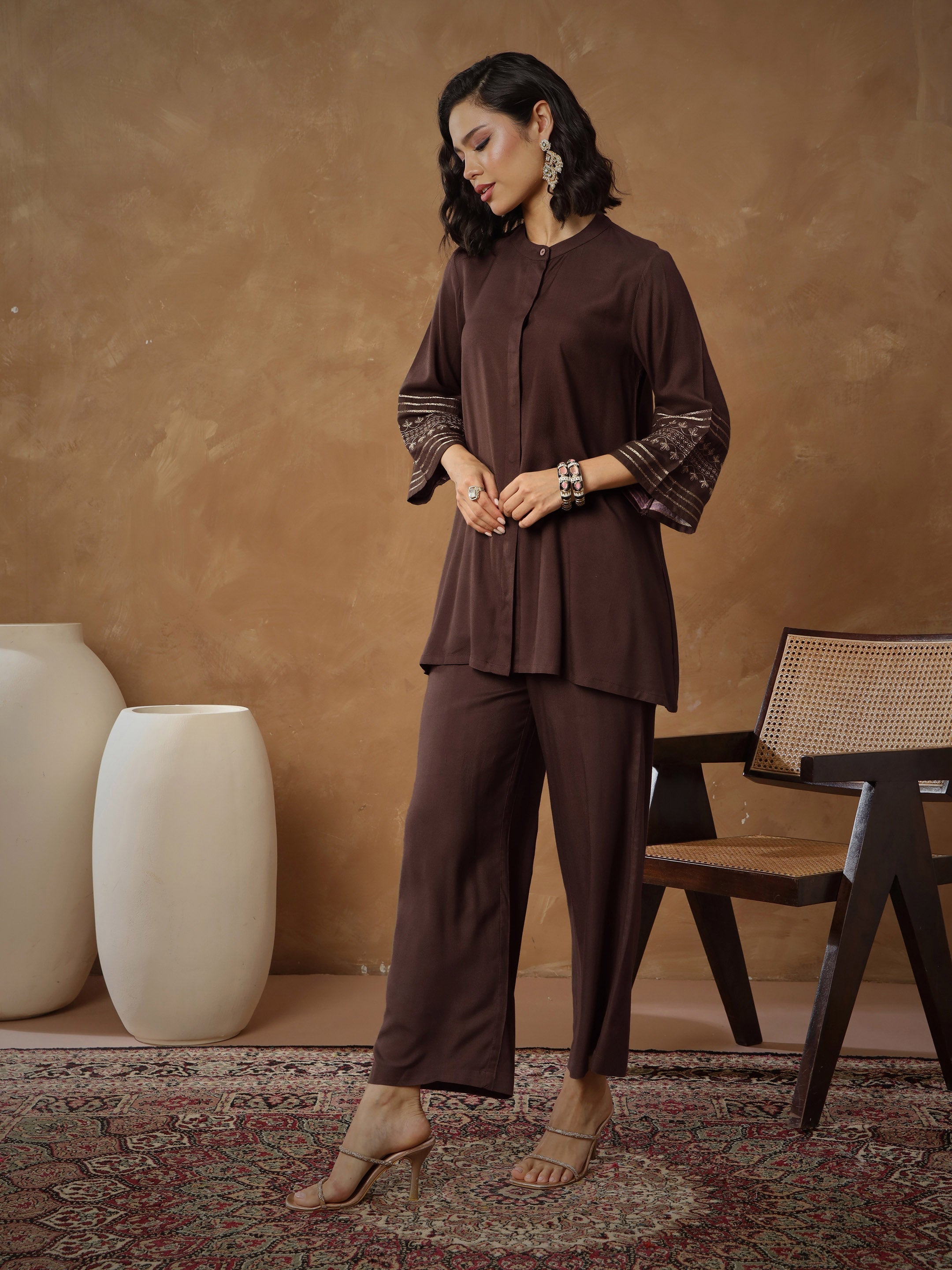Women Brown Zari Embroidered Sleeve Top With Pants-SHSET96535