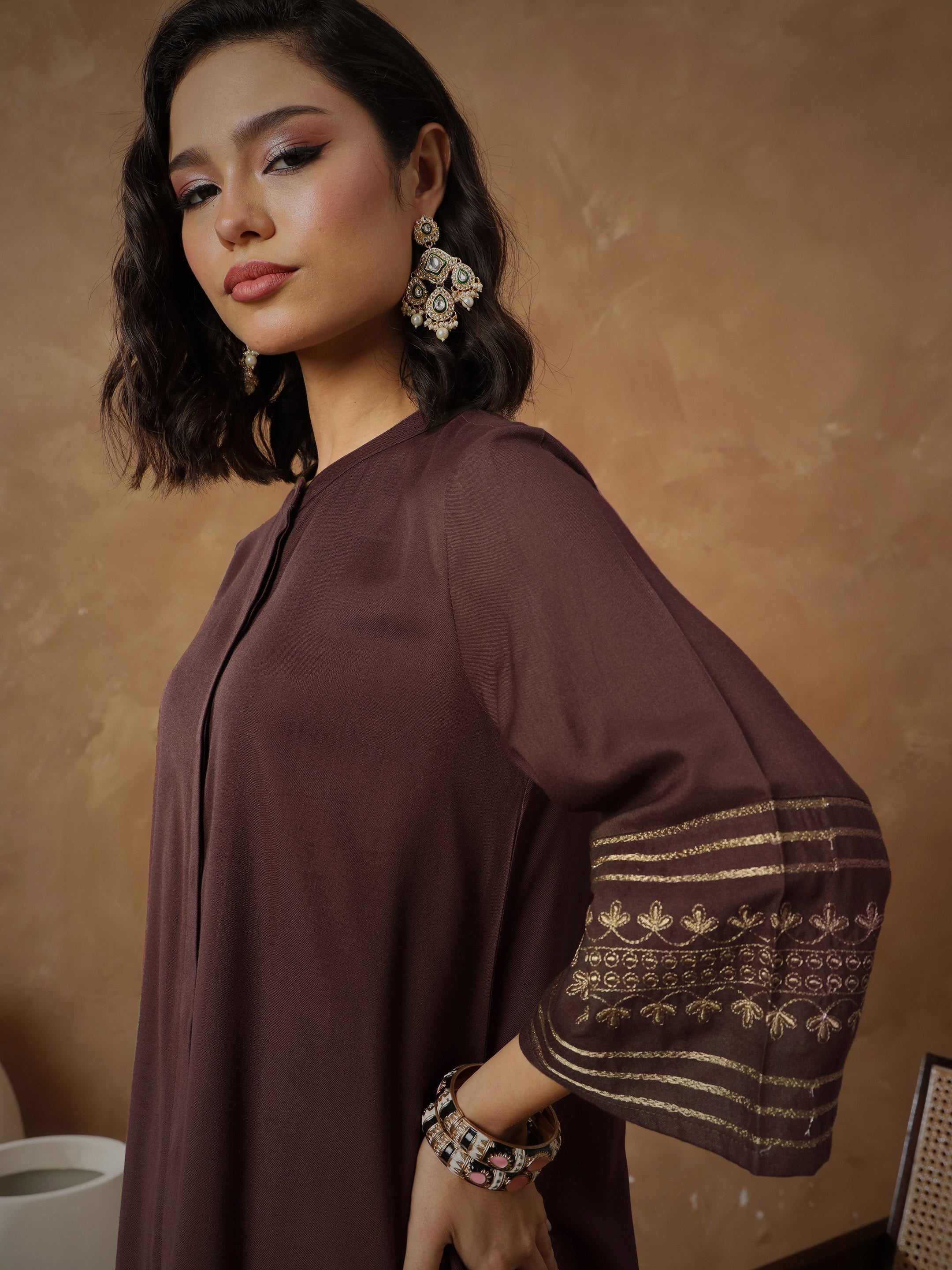Women Brown Zari Embroidered Sleeve Top With Pants-SHSET96535