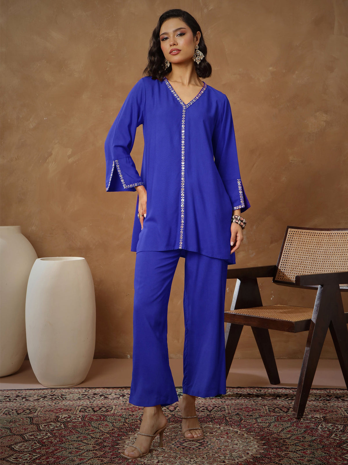 Women Navy Embroidered A-Line Top With Pants-SHSET96536