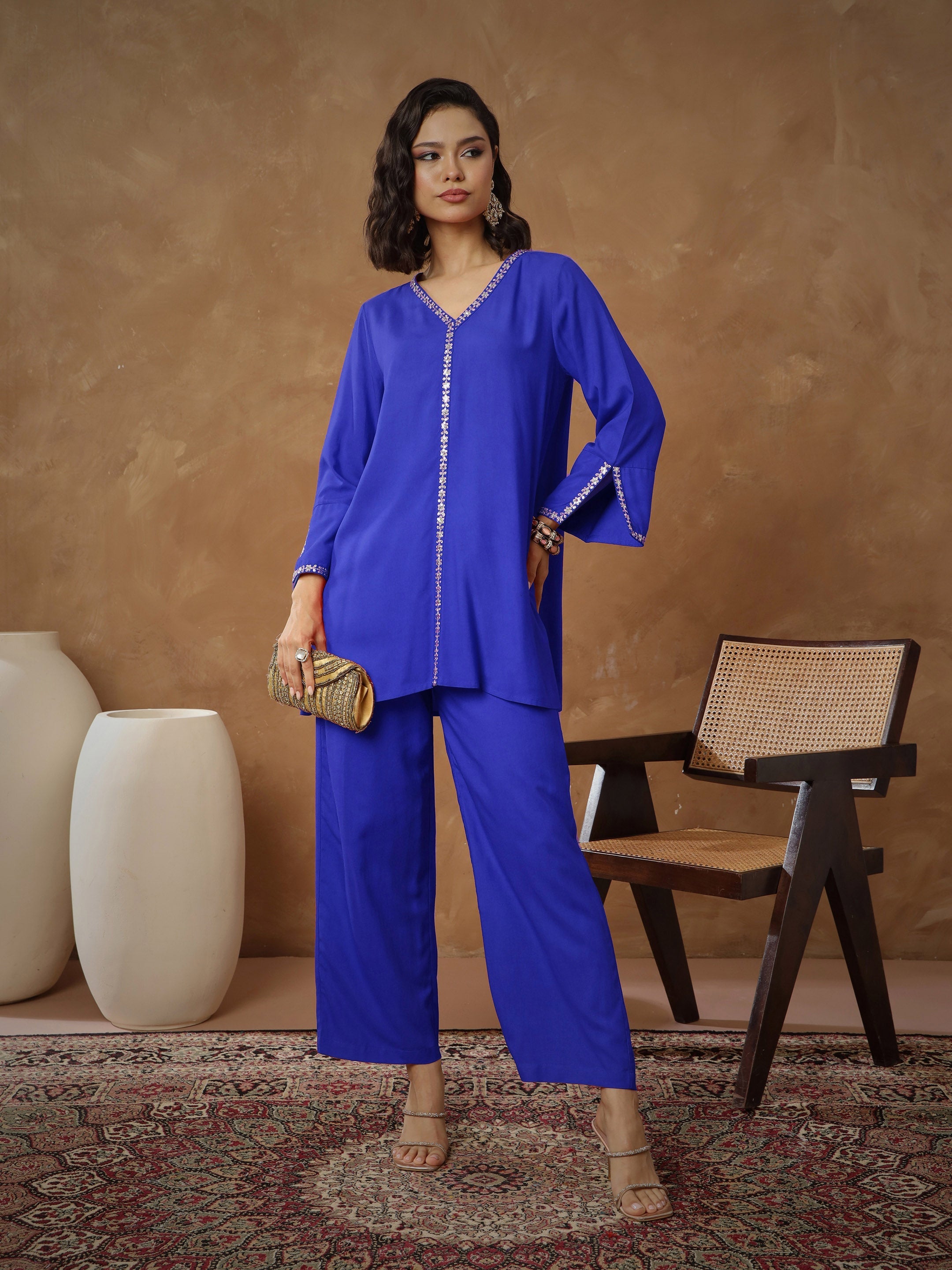 Women Navy Embroidered A-Line Top With Pants-SHSET96536