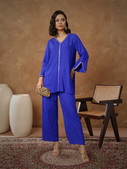Women Navy Embroidered A-Line Top With Pants-SHSET96536