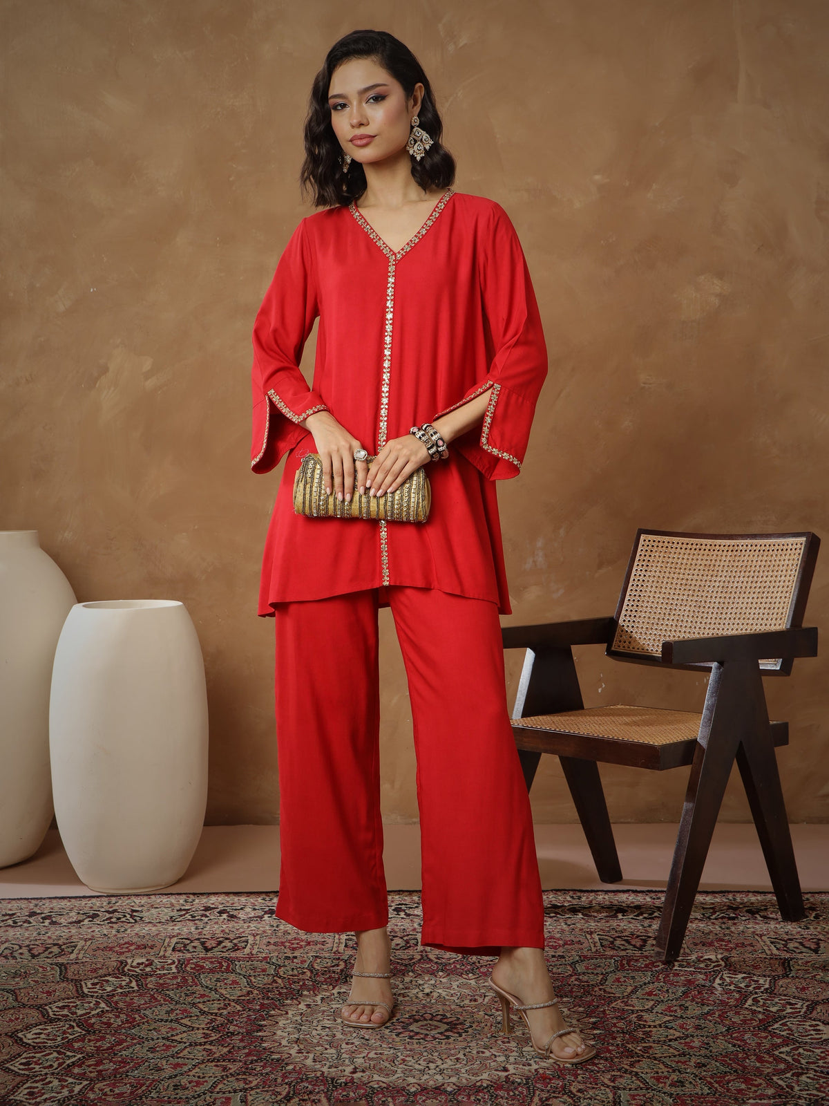 Women Red Embroidered A-Line Top With Pants-SHSET96537