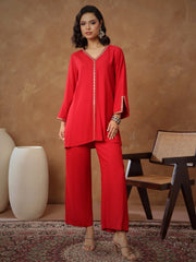 Women Red Embroidered A-Line Top With Pants-SHSET96537