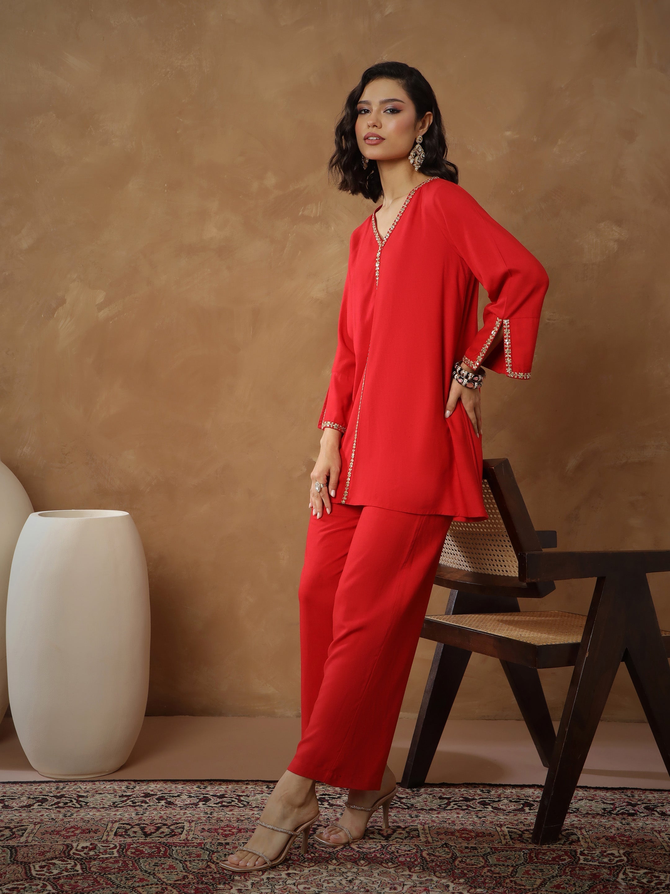 Women Red Embroidered A-Line Top With Pants-SHSET96537