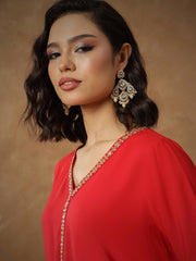 Women Red Embroidered A-Line Top With Pants-SHSET96537